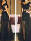Two Pieces Long Black Clairvoyant Outfit Tulle Lace Off Shoulder Evening Party Prom Dresses, PD0081