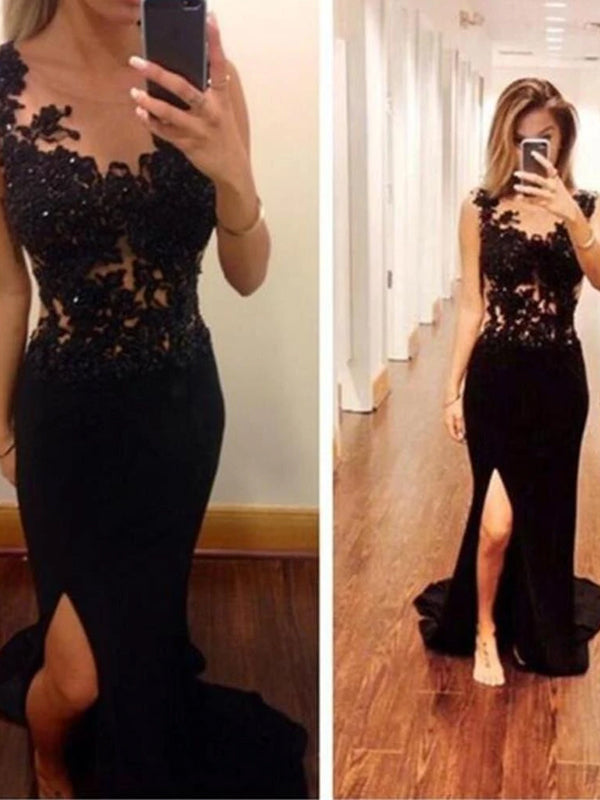 Long Black Lace Beading Top Slip Side Sexy Mermaid Open Back Casual Affordable Prom Dress,PD0031