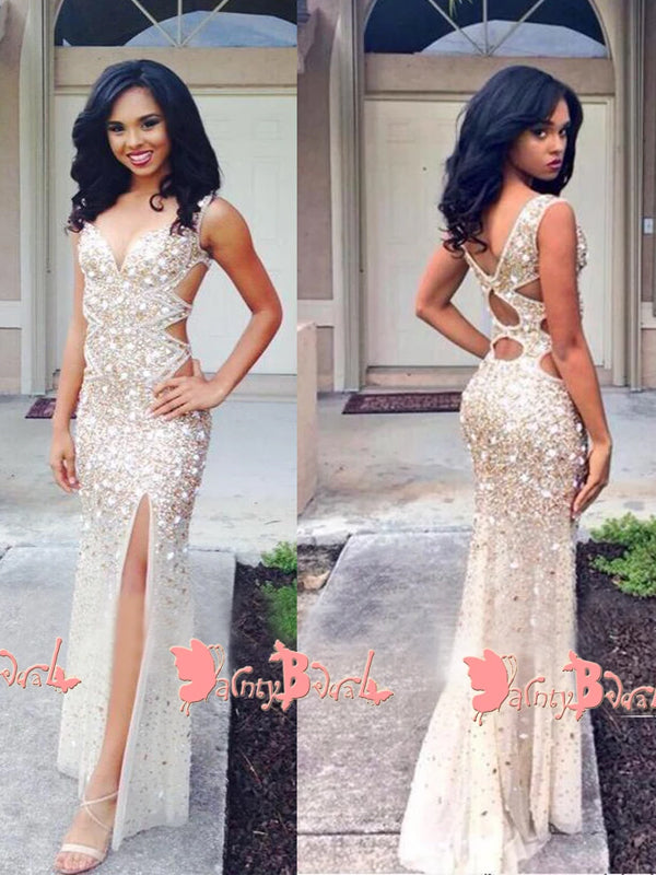 Stunning Sparkly Rhinestone Gold Sequins With High Side Split Sexy Party Prom Dresses. DB1050