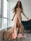 Newest Cheap  Sexy High Side Split V-neck Spaghetti Strap Nude Long Prom Gown Dresses. DB1043