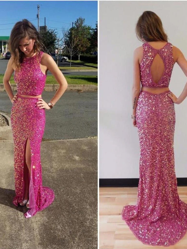 Sparkly Split Side Open Back Sleeveless Evening Party Prom Dresses, PD0180
