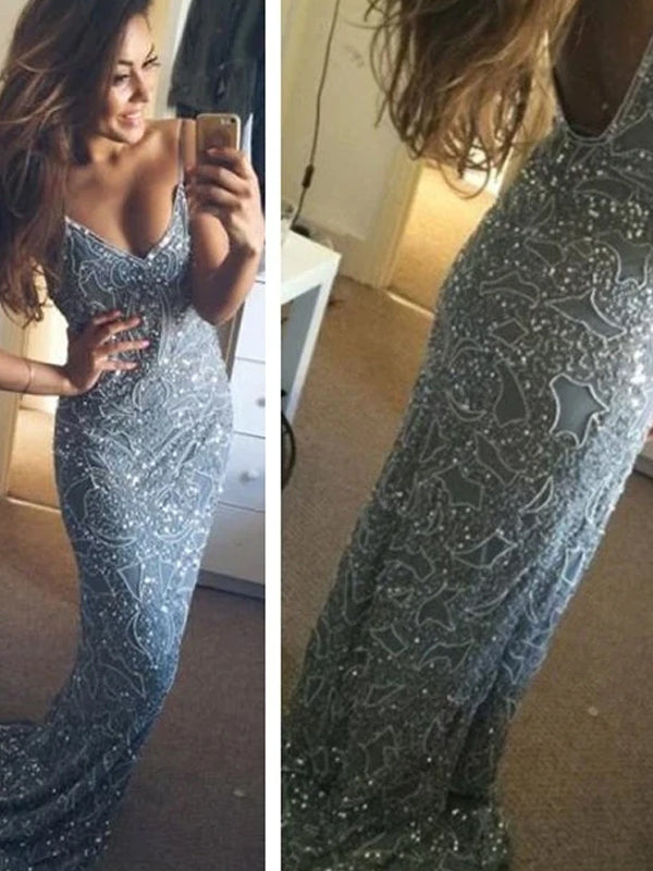 Spaghetti Straps Sexy Backless V-neck Charming Beading Long Column Sweep Trailing Party Prom Dress,PD0057