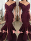 Elegant Maroon Off Shoulder Pleating V-neck  Ruffles Mermaid With Split Prom Gown Dresses. DB1053
