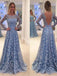 Elegant Long Sleeve Blue Full Lace A-line Open Back Cocktail Evening Party Vintage Prom Dresses,DB0182