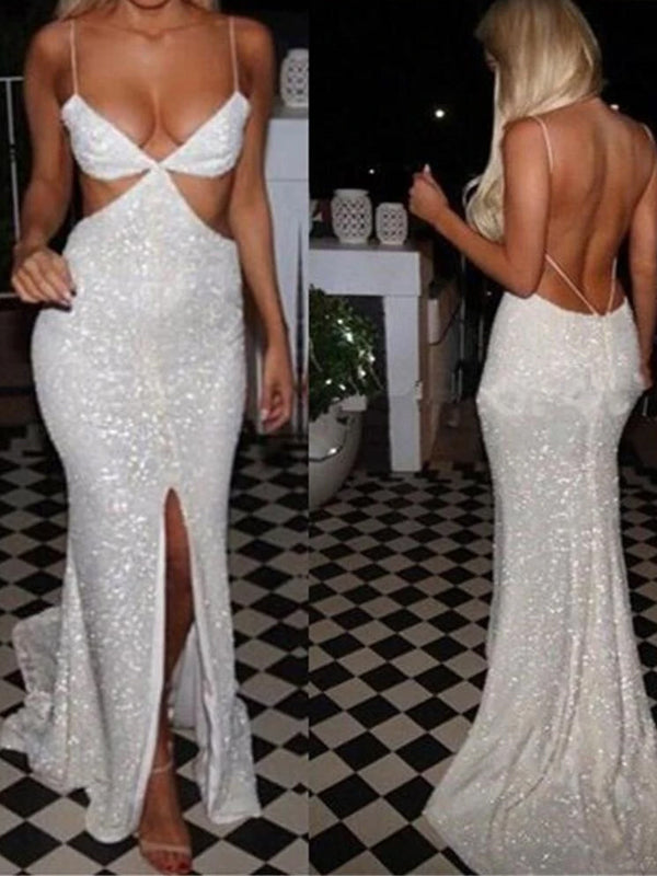 Unique Popular Sexy Spaghetti Straps Backless Sparkly Sequined Split Front Long Mermaid Prom Dress,PD0145