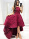 Burgundy Lace High Low Spaghetti Straps A-line Prom Dresses ,PD0130