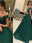 Green Satin Rhinestone Off Shoulder Vintage A-line Elegant Modest Evening Party Long Prom Dresses. DB0121