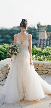 Spaghetti Strap Dark Ivory Applique Bead  Long A-line Tulle Wedding Party Dresses, WD0086