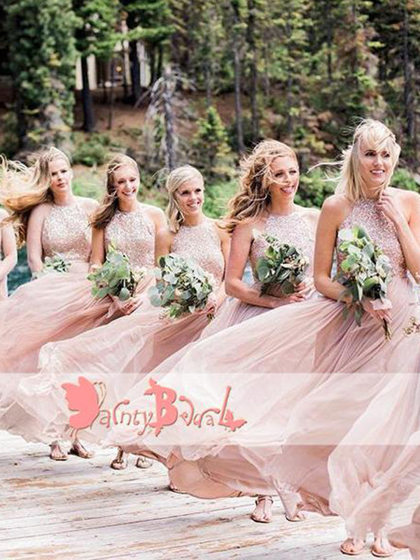 New Arrival Popular Pink Sequin Chiffon Halter A-line Elegant Wedding Party Bridesmaid Dresses,DB097