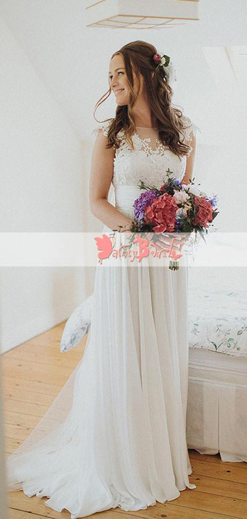 Affordable Simple Round Neck Cap Sleeve See Through Lace Top Chiffon A-line Wedding Dresses,DB0121