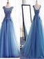 Elegant Long A-line Blue Appliques Cap Sleeve Lace Up Back For Teens Formal Prom Dresses. DB0061