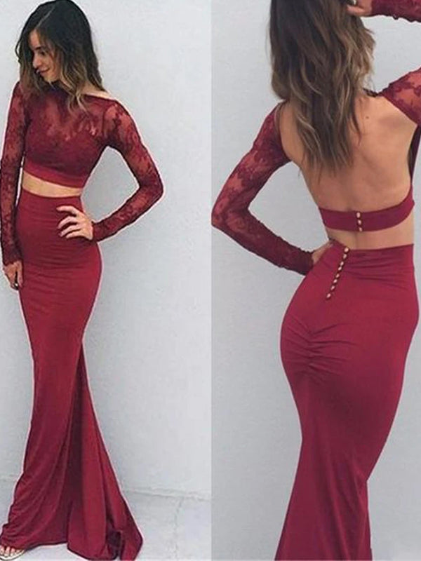 Elegant Burgundy Two Pieces Backless With Long Sleeve Mermaid Lace Prom Dresses. PD0202-1