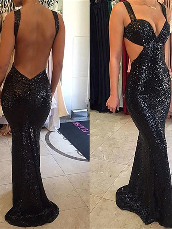 Long Black Sequined Sparkly Sexy Mermaid Backless Spaghetti Strap Evening Party Prom Dresses,PD0200