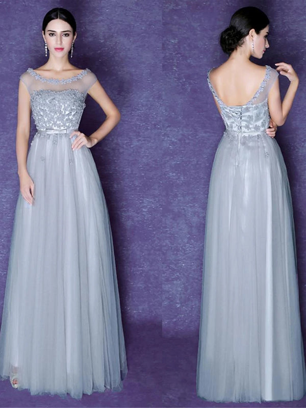 Popular Scoop Gray Lace Top Tulle Beauty A-line Elegant Evening Party Prom Dresses,PD0183