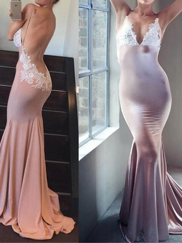 Mermaid Spaghetti Straps Backless V-neck Appliques Evening Party Prom Dresses,PD0195