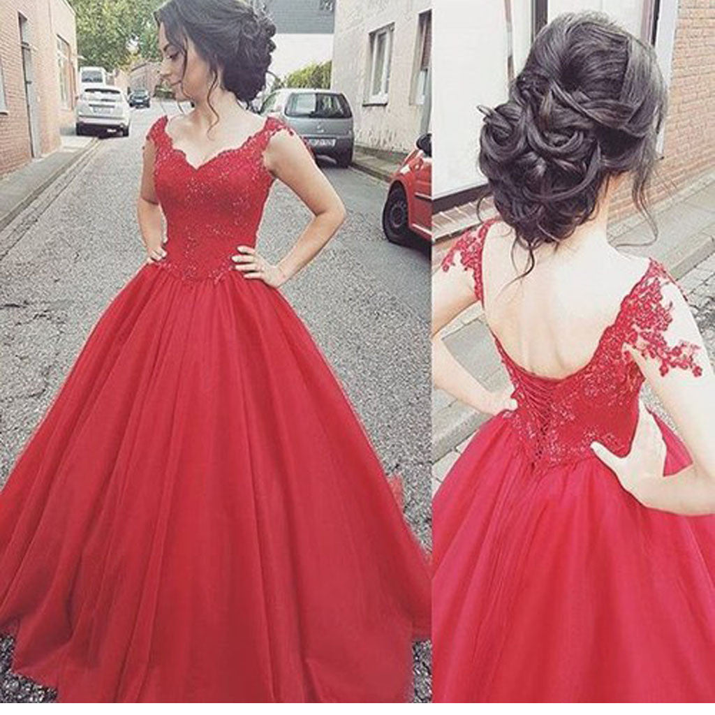 Red Lace Appliques V-neck Sleeveless Scoop Open Back Elegant Charming Lace Ball Gown Wedding Party dresses. WD0221