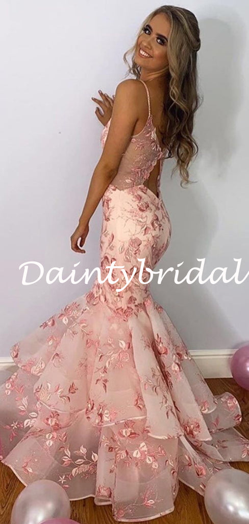 Sexy V-neck Mermaid Lace Tulle Prom Dresses Evening Dresses.DB10787