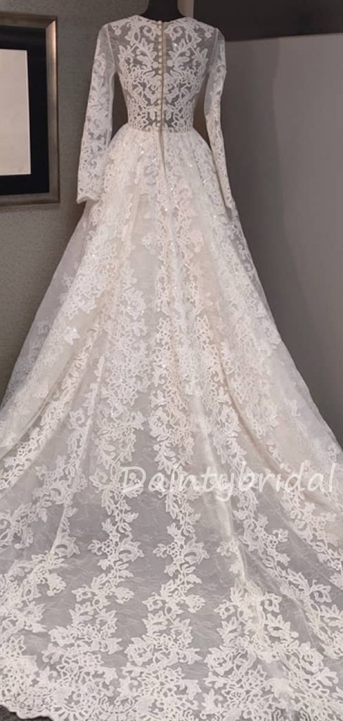 Gogerous V-neck Vintage Tulle Lace Long Sleeves A-line Wedding Dresses With Long Train.DB10402