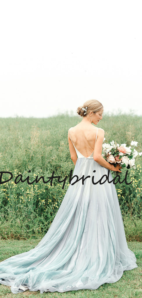 Simple V-neck Spaghetti Strap A-line Tulle Long Wedding Dresses Evening Dresses.DB10714