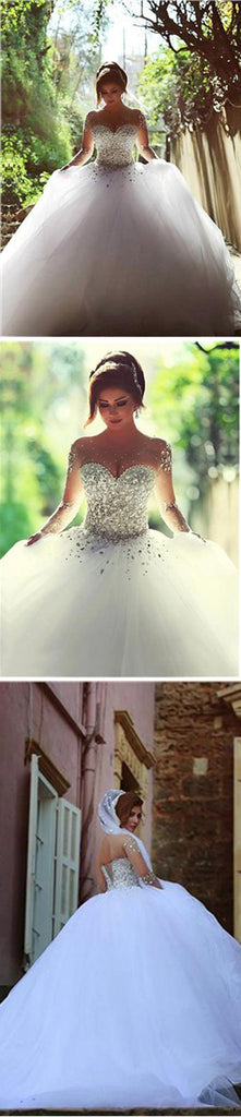 Gorgeous Long Illusion Sleeve Beads Rhinestone Lace Up Back Ball Gown Wedding Dress, WD0200