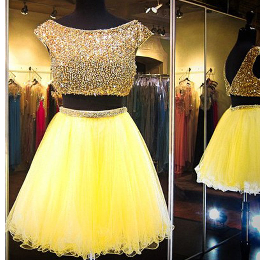 Popular Yellow Cap Sleeve Vintage gorgeous V-Back Casual homecoming dress,BD00172