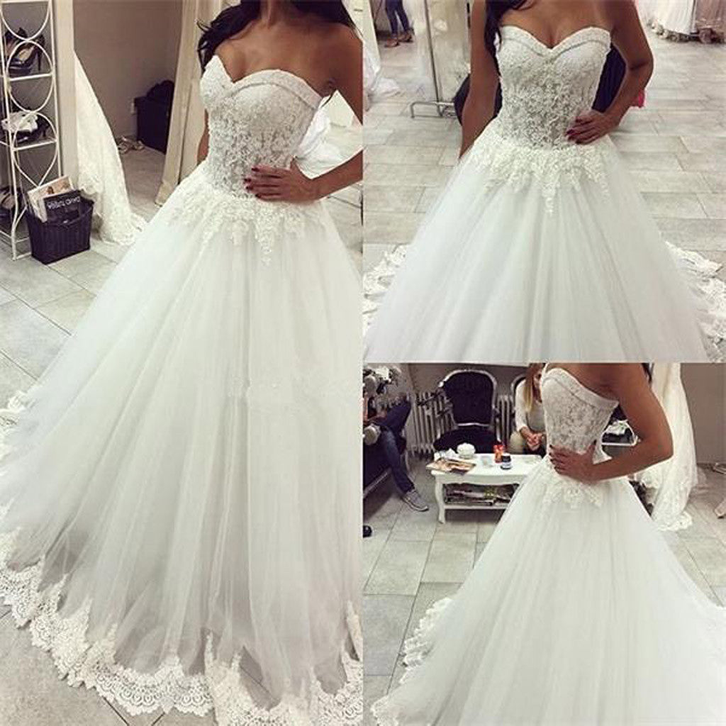 Vintage Strapless Sweetheart Lace Top Tulle Ball Gown Floor Length Wedding Party Dresses, WD0021