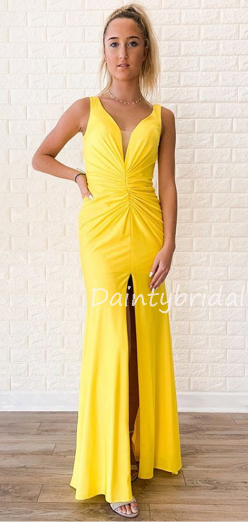 Charming V-neck Floor-length Slit Long Prom Dresses Evening Dresses.DB10598