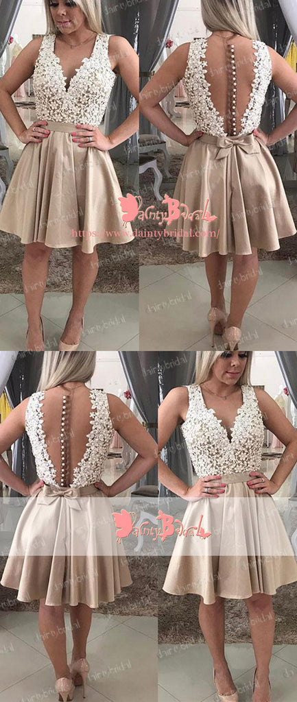 Charming V-neck See Through Back Lace Button Knee Length Elegant  Homecoming Dresses,BD0144