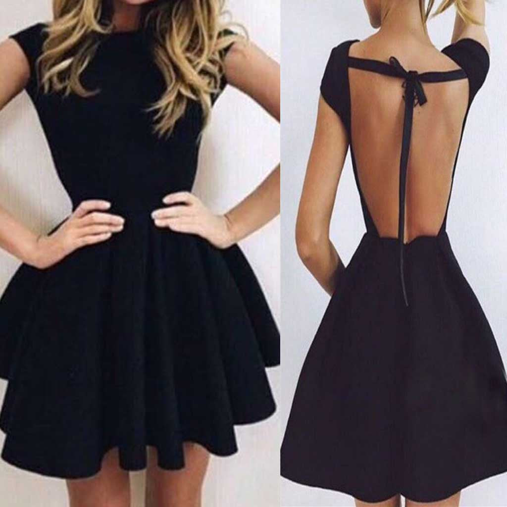 Cheap Cap Sleeve Black Full Open Lace Up Back Unique Sexy Charming Homecoming Dress,BD0024