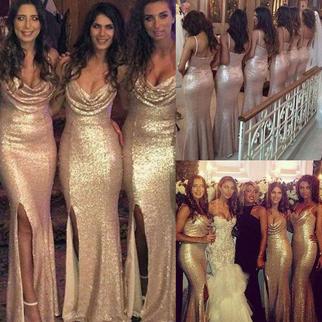 Sexy Sparkly Sequin Mermaid Side Split Cowl Spaghetti Strap Long Wedding Party Bridesmaid Dresses, WG26