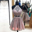 Two Pieces Halter Purple Lace Beading  Lace Up Back Junior Charming Homecoming Dresses,BD0145