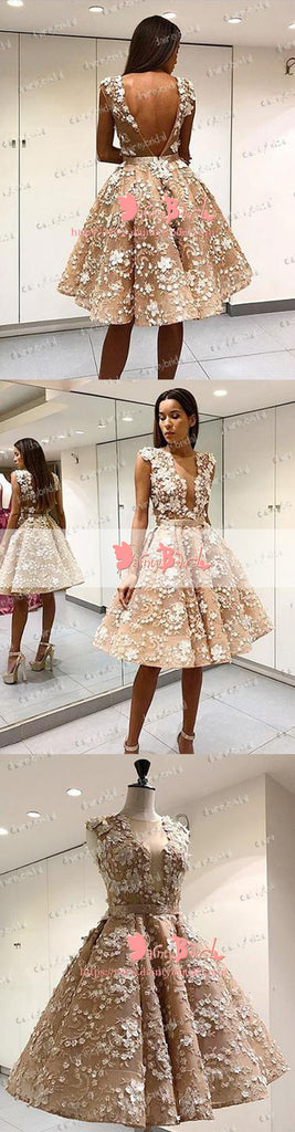 Gorgeous Lace Appliques V-neck Sleeveless Ball Gown Knee Length Homecoming Party Dresses,BD0146