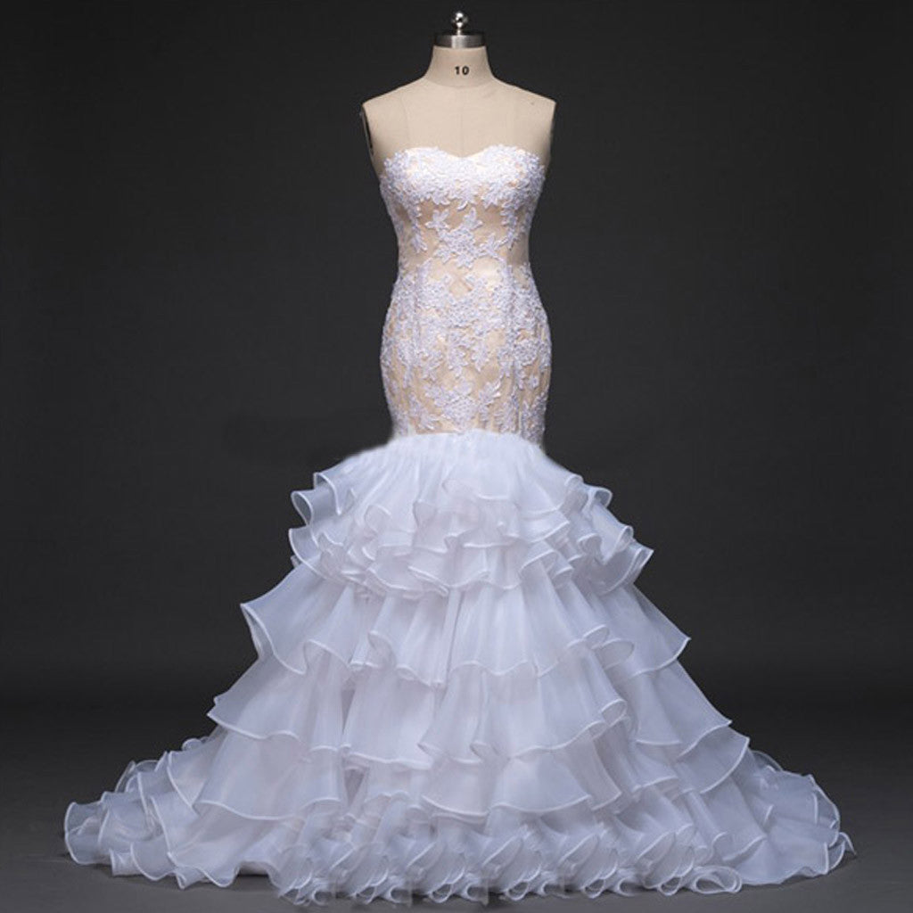 Sweetheart Strapless White lace Appliques Sexy Mermaid Chiffon Ruffles Tiered Skirts  Wedding Party Dresses, WD0026