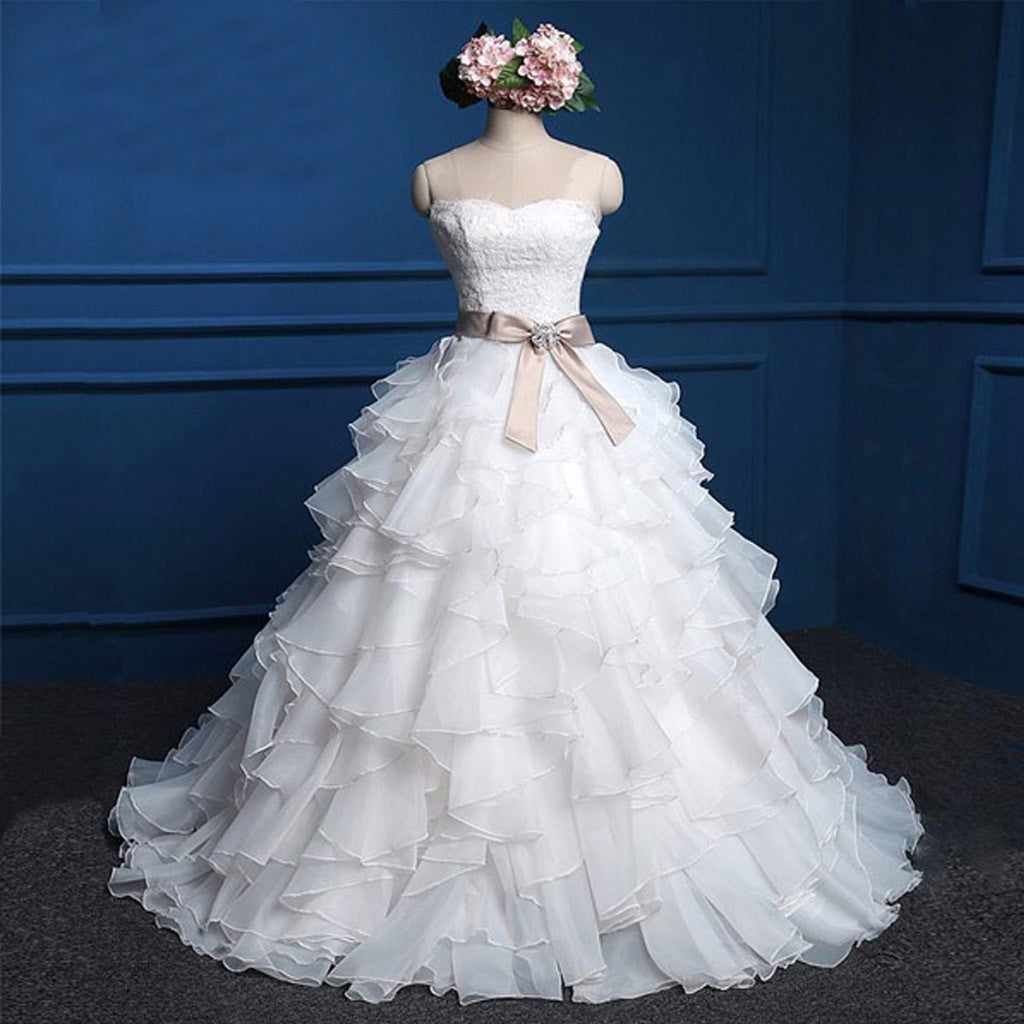 Cute Sweetheart Strapless Lace Up Back Chiffon Ruffles Satin Sash  Ball Gown Wedding Dress, WD0027