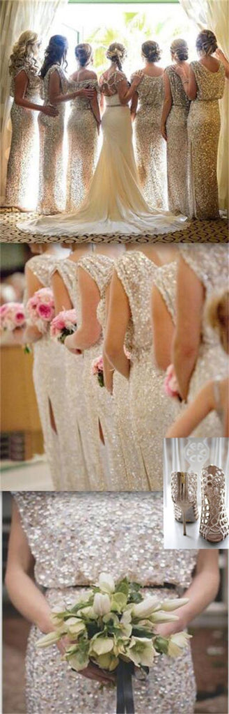 Popular Sparkly Full Bling Sequin Long Column Cowl Neck Sleeveless Floor Length  Bridesmaid Dresses, WG29