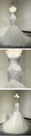 Sweetheart Strapless Lace Appliques Sexy Mermaid Lace Up Back Tulle Chapel Trailing Wedding Party Dresses, WD0028