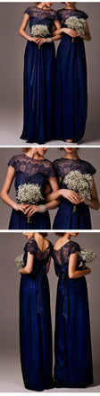 Elegant Royal Blue Cap Sleeve  Empire Waist  Top Clairvoyant Outfit Lace  Long Column Bridesmaid Dresses, WG030