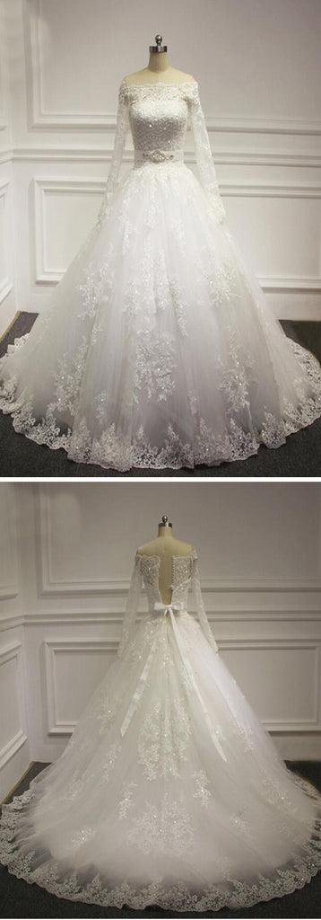 Vintage Sabrina Neck Long Illusion Sleeve White Lace Up Back Beads Ball Gown Wedding Party Dresses, WD0029