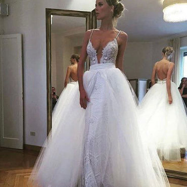 Sexy Summer Convertible Spaghetti Straps Full Lace Deep V-Neck Backless Over Tulle Skirt Wedding Dresses. DB0002