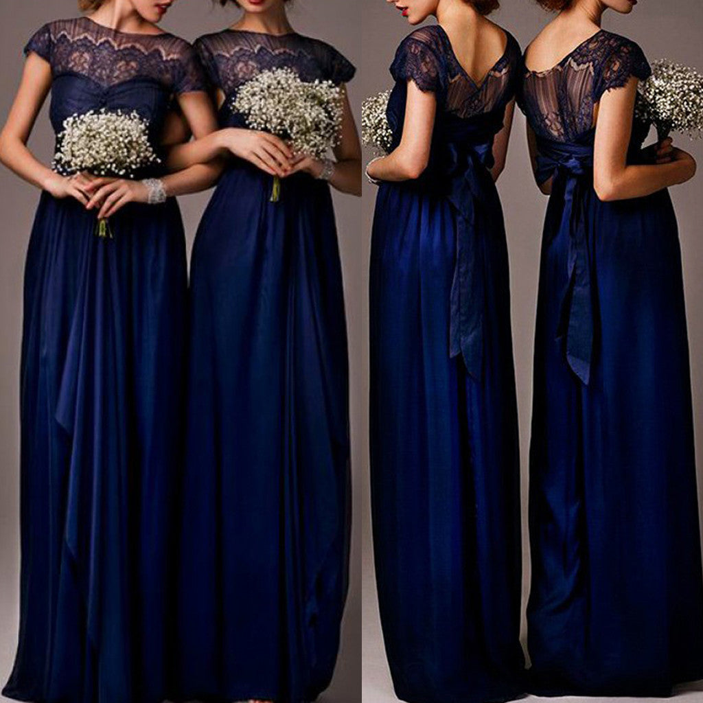 Elegant Royal Blue Cap Sleeve  Empire Waist  Top Clairvoyant Outfit Lace  Long Column Bridesmaid Dresses, WG030
