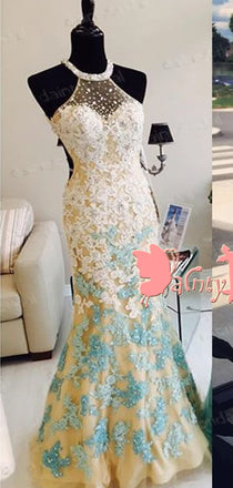 Elegant White And Blue Lace Gorgeous Beading Halter Criss-Cross Back Mermaid Long Prom Gown Dresses. DB1036