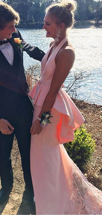 Unique Ruffles Pink Halter Backless V-neck Mermaid With Lace Train Long  Prom Gown Dresses. DB1034