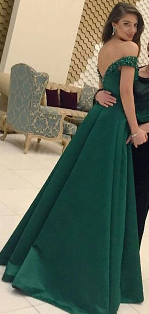 Green Satin Rhinestone Off Shoulder Vintage A-line Elegant Modest Evening Party Long Prom Dresses. DB0121