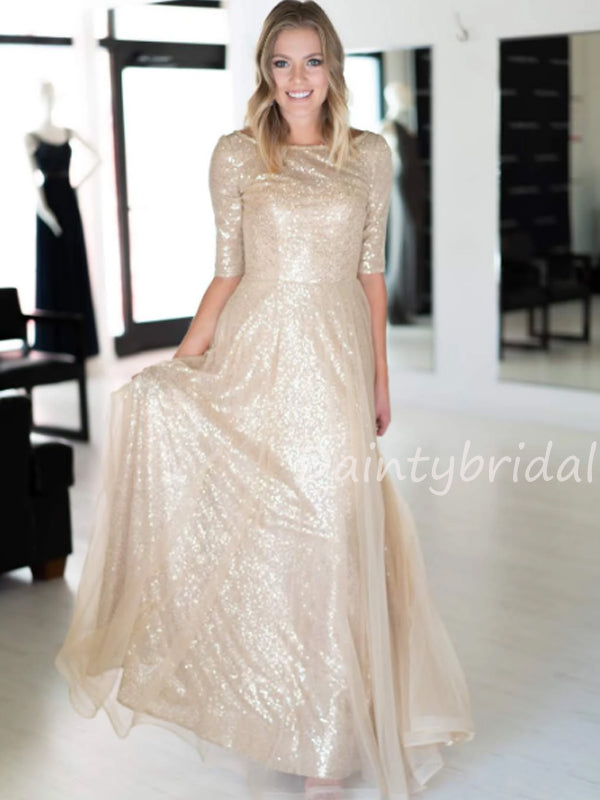 Charming 1/2 Sleeve Scoop Neck Sequin Long Prom Dresses Evening Dresses.DB10502