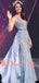 Fashion Blue Lace With Beading Sleeveless Split Neck Illusion Back A-line Long Prom Dresses. DB1048