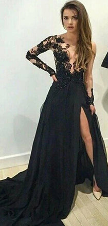 Long Sleeve Deep V-neck  Black Lace High Split Side Long A-line Sexy Charming Prom Dress , PD0013