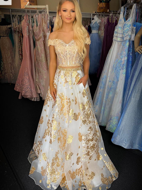 Charming Off-shoulder Tulle Lace Two-piece A-line Long Prom Dresses Evening Dresses.DB10612