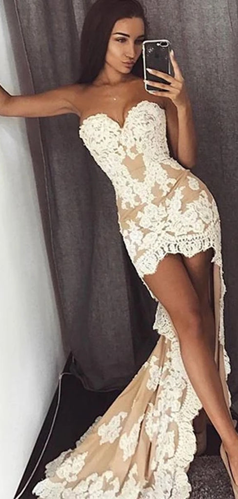 Nude Sweetheart Strapless Ivory Lace Sheath High Low Sexy Elegant Prom Dresses ,PD0137