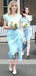 Blue Sparkly Satin Sheath Cap Sleeve Bridesmaid Dresses With Front Split,DB111