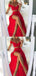 Two Piece Bright Red Off Shoulder Spaghetti Straps High Side Split Prom Dresses,PD0126
